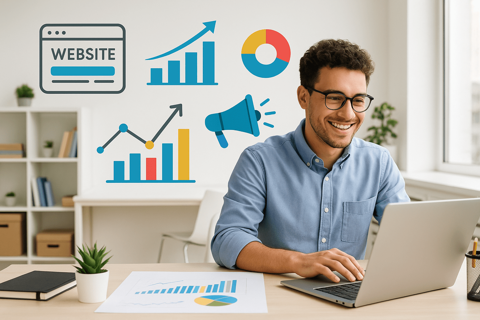 Business owner in a bright workspace, working on a laptop, with floating graphics illustrating website development and customer outreach